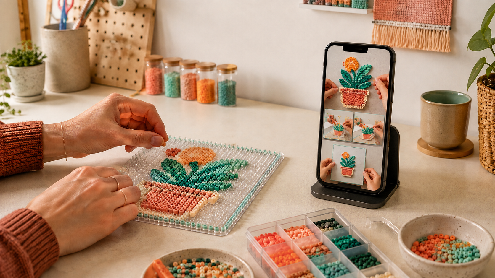 A craft seller making a fuse bead design beside a phone showing vertical product video clips
