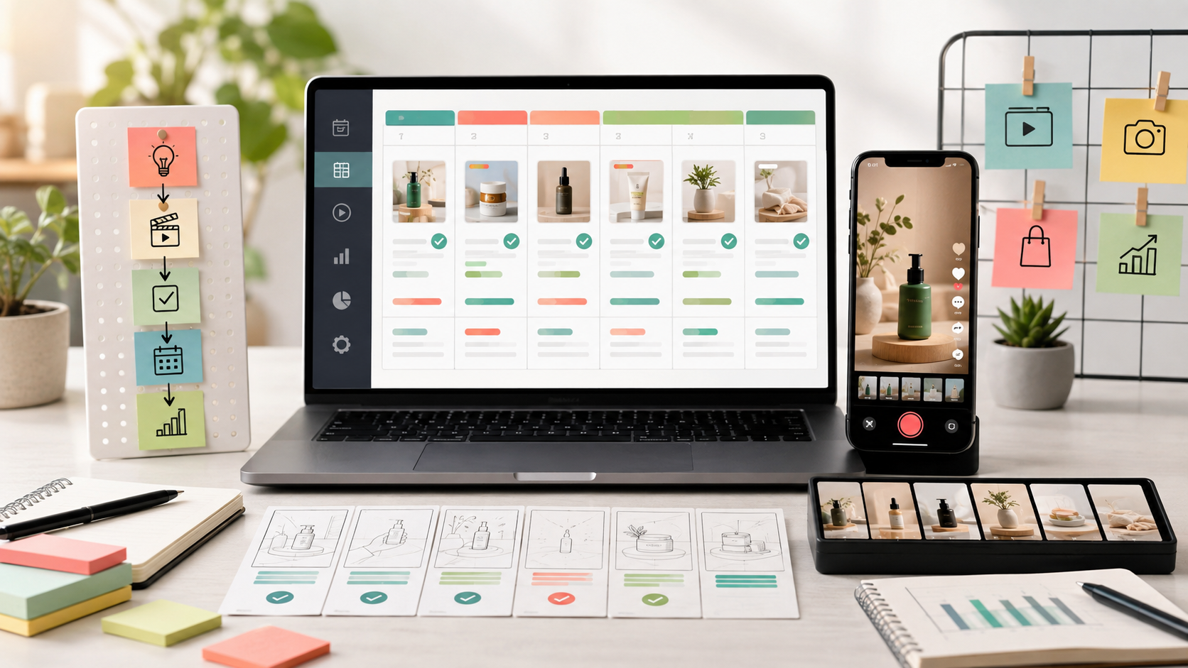 A creator workflow desk with a weekly TikTok content calendar, smartphone video preview, and storyboard cards